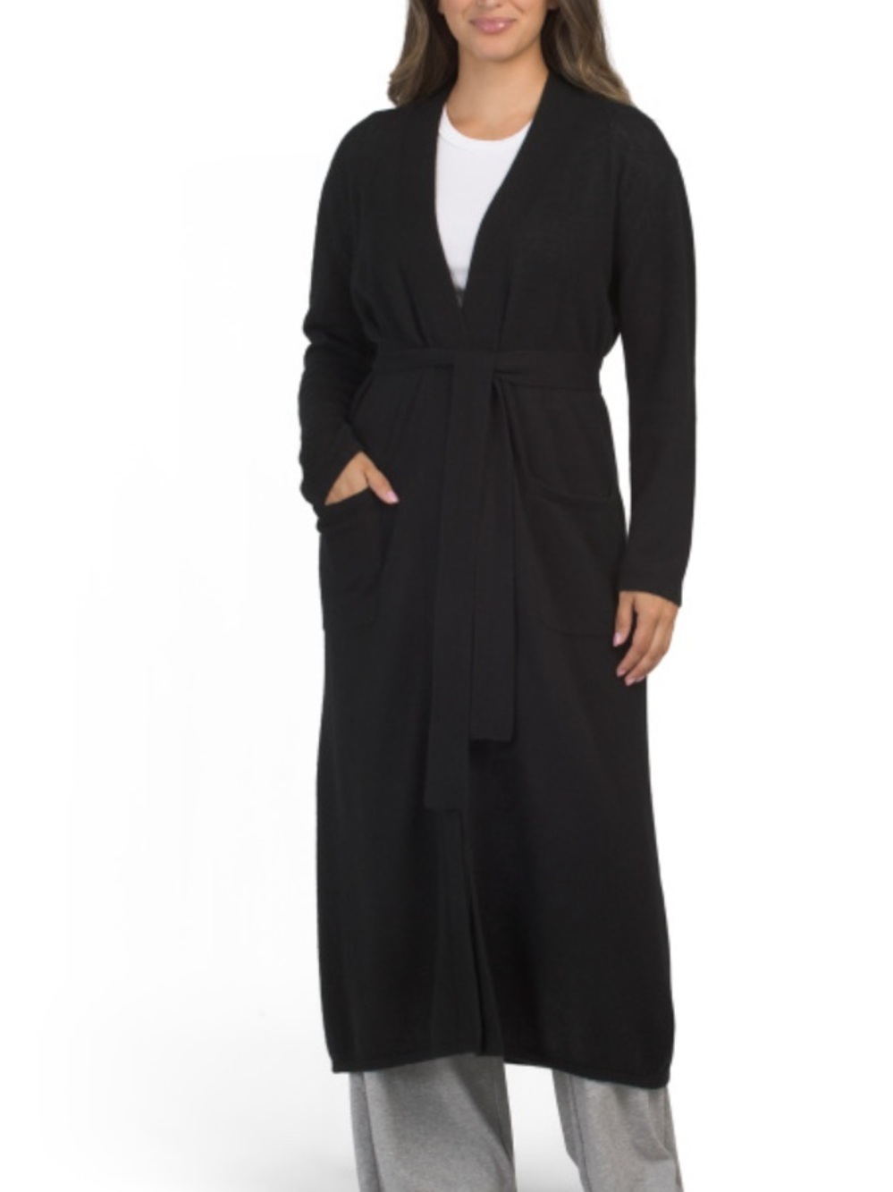 Aspen Cashmere Long Black Wrap Robe with Tie Belt